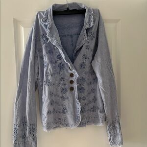 Giocam 614 Hawaii Jacket Embroidered Light Blue Jean Jacket with Button Detail